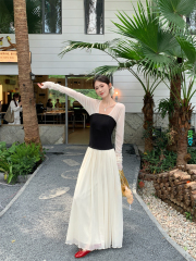 Real shot color-blocked spliced tube dress for women, spring/autumn long sleeve knitted A-line design long skirt