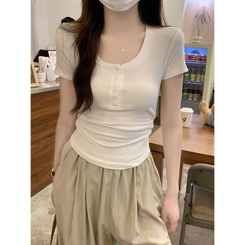 Pure cotton summer new versatile slim short-sleeved T-shirt for women's design niche pleated slim and pure short top