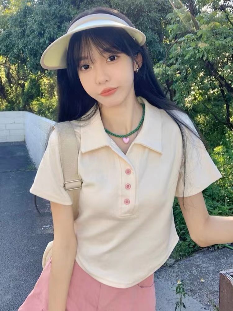 Sweet and hot girl style American chic short Polo collar top for women's summer design niche v-neck front shoulder short sleeve T-shirt