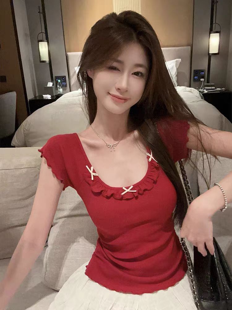 260克莫代爾純欲風別致木耳邊短袖T恤女夏甜美修身顯瘦蝴蝶結上衣