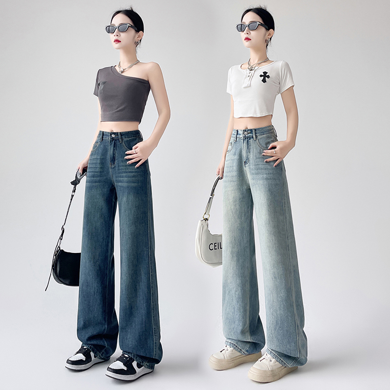 Real shot of high-quality super soft yarn draped retro wide-leg jeans for women loose high waist draping versatile mopping floor to make you look thin