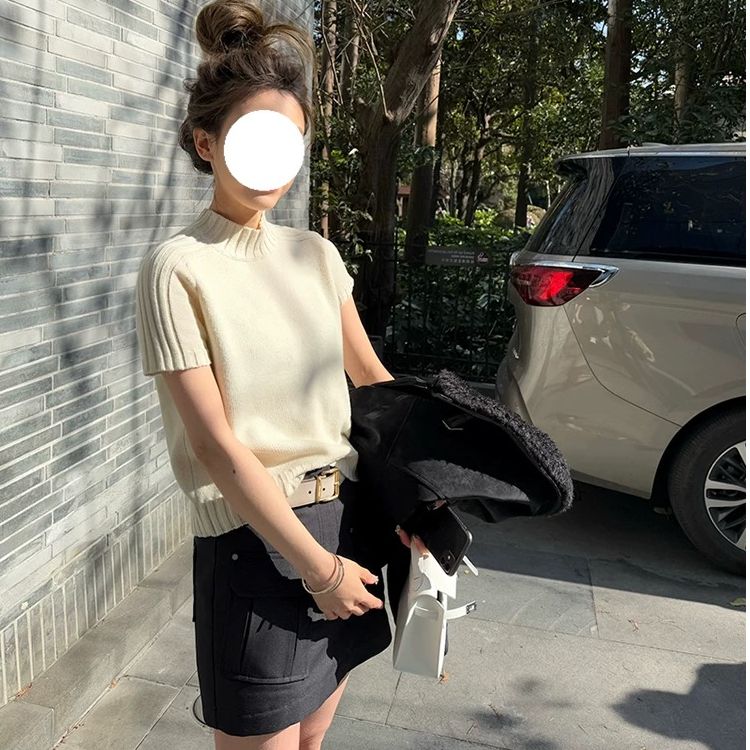 春夏韓版簡約純色氣質半高領短袖針織衫女百搭打底短款T恤上衣ins