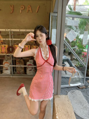 Real shot of hot girl style halter neck dress for women in summer sexy waist-hugging temperament hip-pack skirt short skirt