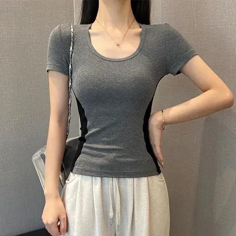 夏季新款園領短袖T恤女撞色拼接修身顯瘦氣質百搭上衣