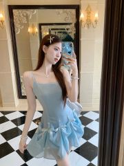 Blue Heavy Industry Design Temperament Sling Dress Vacation Style Sweet Slim Slim Bow Dress