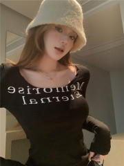 實拍復古性感字母印花U領修身打底長袖T恤女