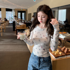 Korean round neck base shirt for women with spring slim fit and pure long sleeves cute printed T-shirt top
