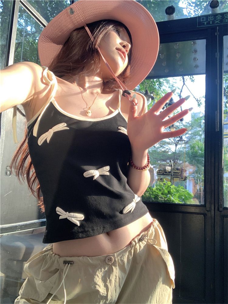 1*1莫代爾純欲辣妹風蝴蝶結吊帶上衣女夏季2025新款美式休閒時尚