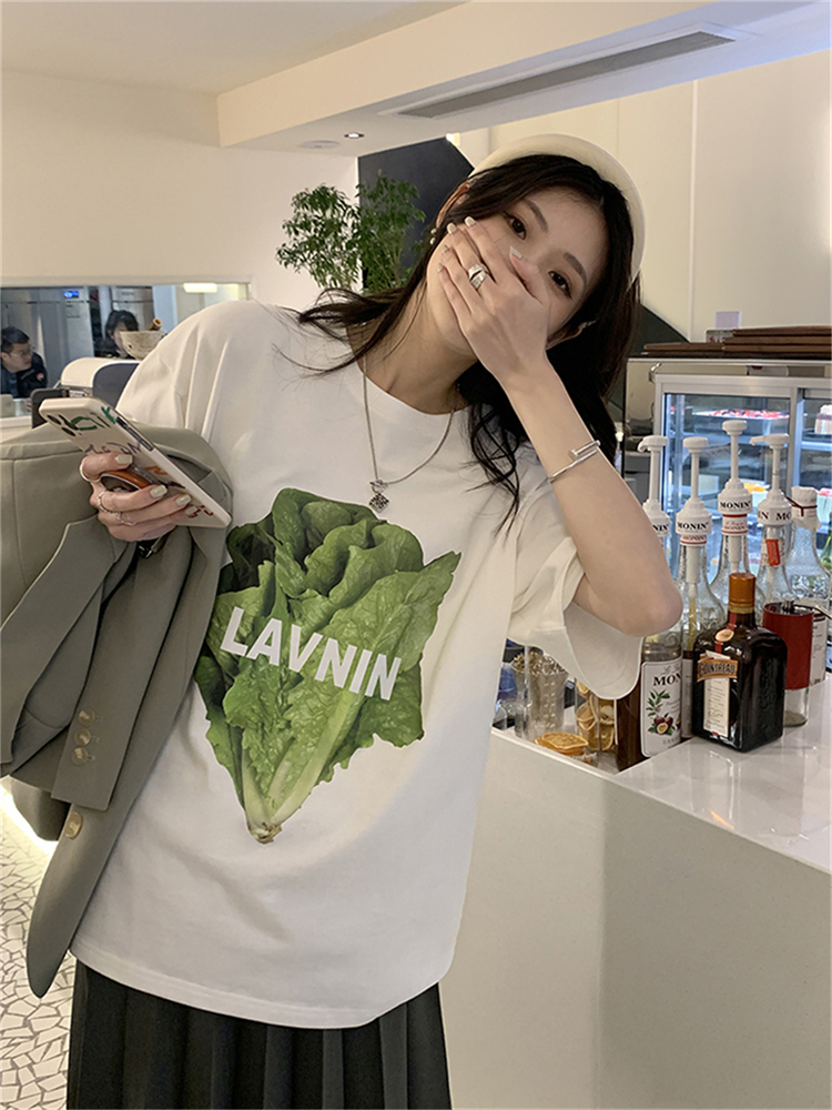 韓國外貿短袖t恤女春夏新款寬鬆百搭設計感生菜印花別致甜辣上衣