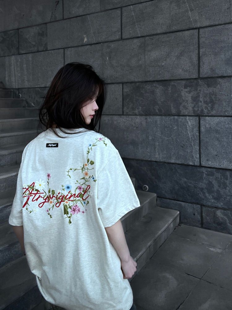 Front and back embroidery glue label 210g pure cotton fabric American heavy industry embroidery pure cotton short-sleeved T-shirt for women
