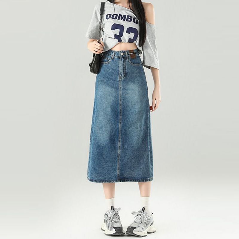 Personalized Korean version of high waist hip half-body denim skirt for women in spring and summer new mid-length A-line denim skirt for hip cover