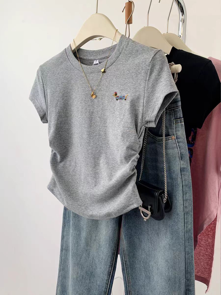 Pure cotton high elastic pleated waist small flying sleeve short sleeve T-shirt for women in summer new slim T-shirt top