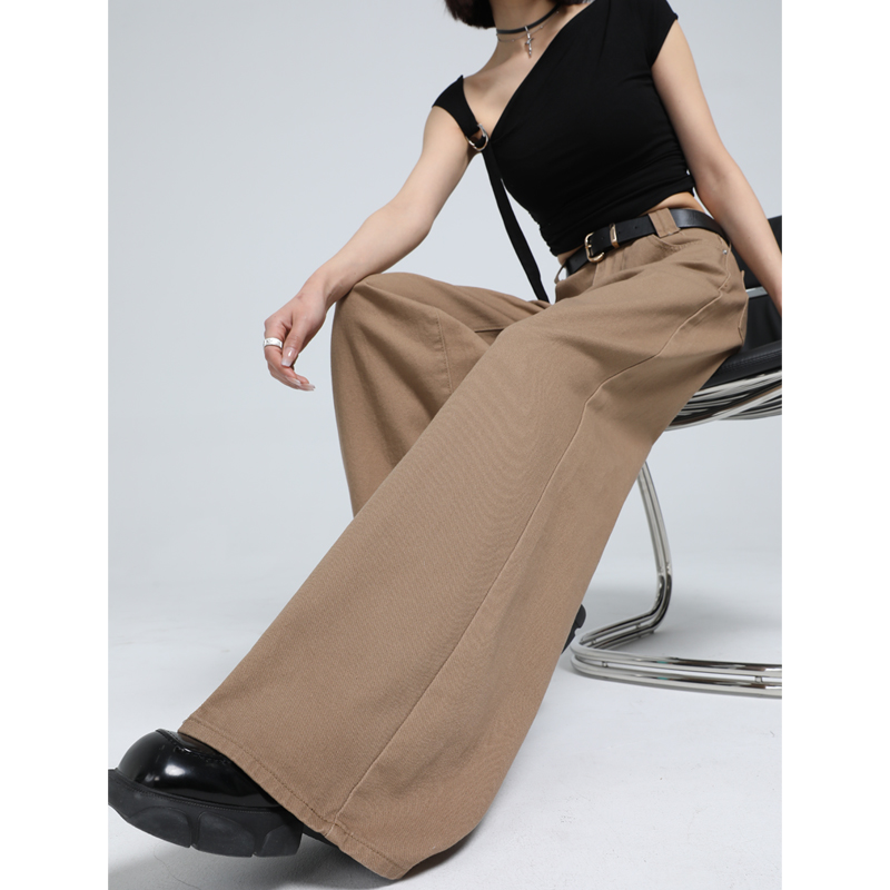 Latte brown loose wide-leg pants~ Easy to control mid-waist floor jeans and nine-point trousers extended for various occasions