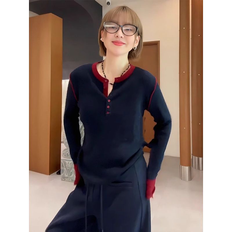 Korean foreign trade quality retro temperament contrast color design sense autumn long-sleeved T-shirt women's versatile base shirt top