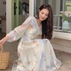 Gentle Breeze Floral Tencel Dress for Women 2025 Spring French Design Long Sleeve Fitted Long Dress Fairy