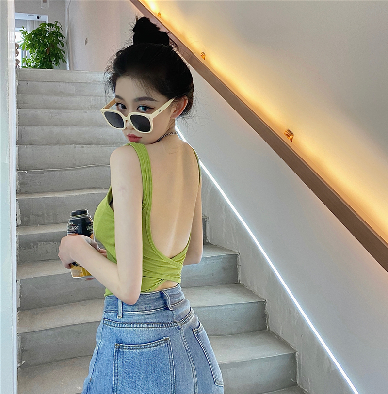 Real shot of new beautiful back wear belly-covering suspender vest with chest pad sexy back top