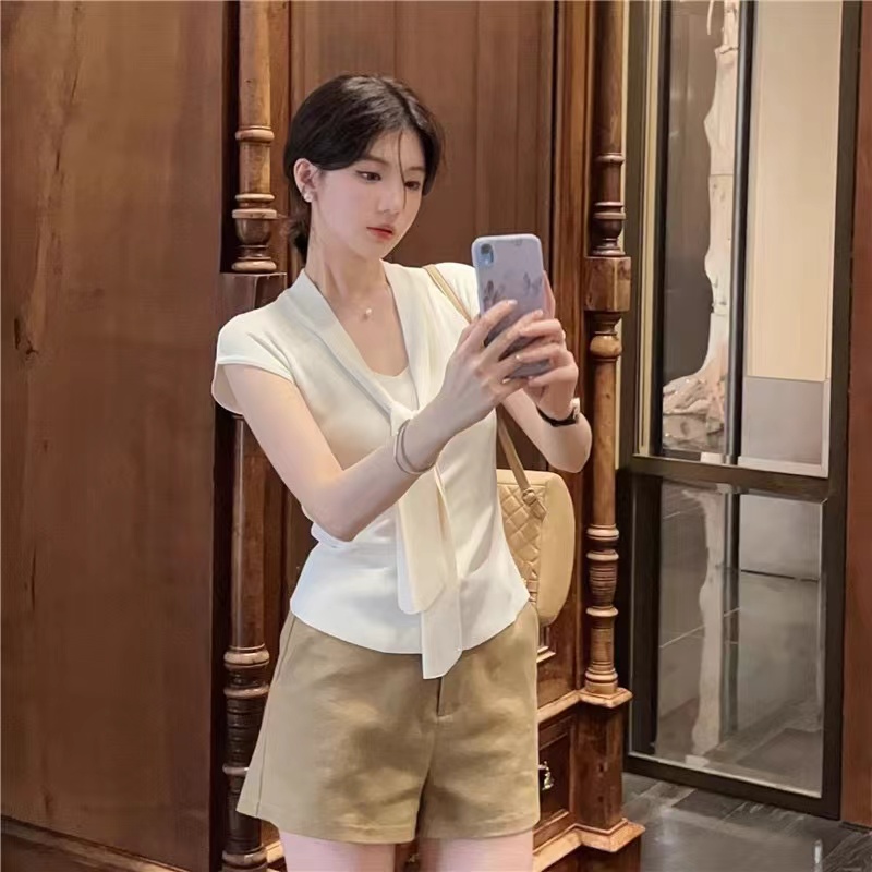 韓版V領披肩拼接洋氣高級感針織衫女夏季新款慵懶風冰絲上衣