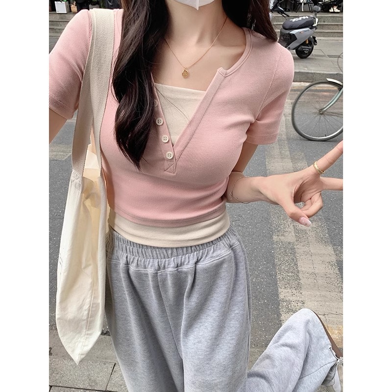 Official photo 92 cotton/8 spandex 40 210g pure cotton fake two-piece short-sleeved T-shirt for women