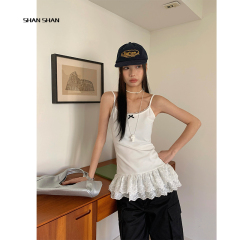 Korean white bow suspender vest for women in summer lace lace hem slim layered inner top
