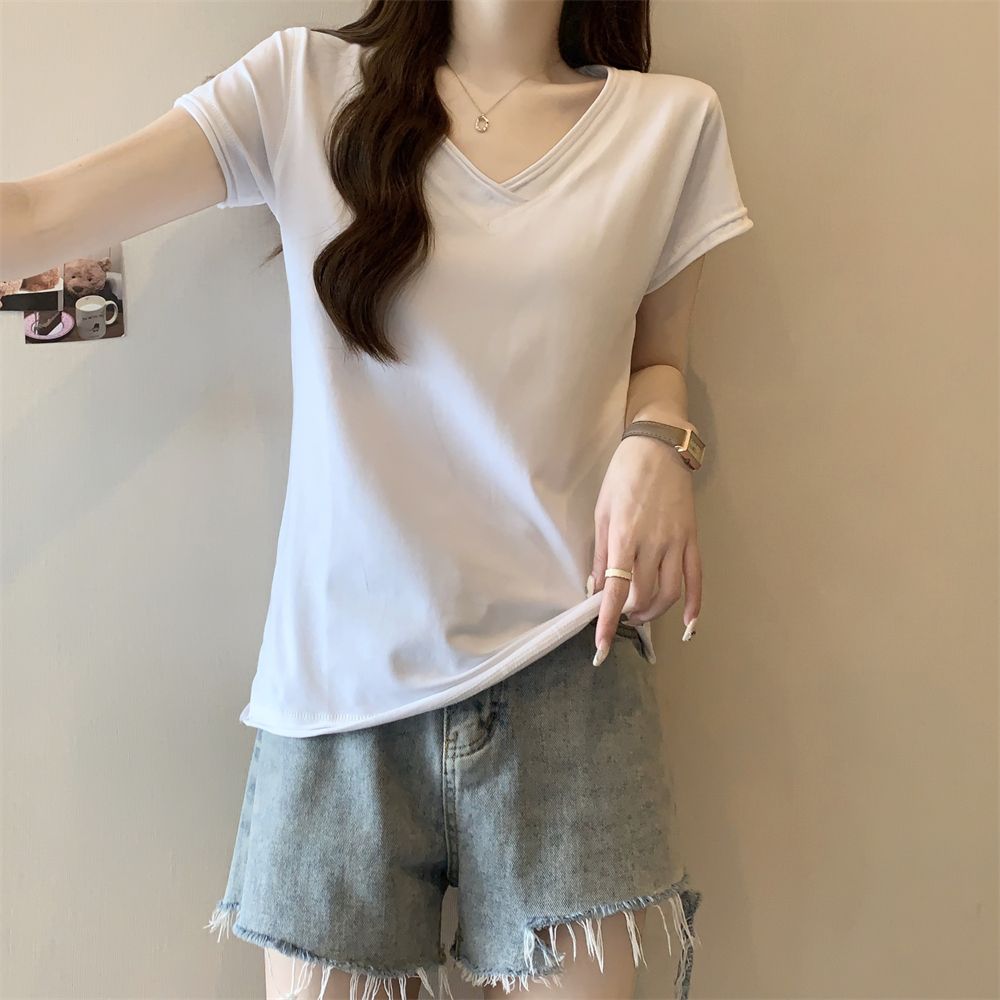 實拍  220g純棉100%綿純色短袖T恤女V領