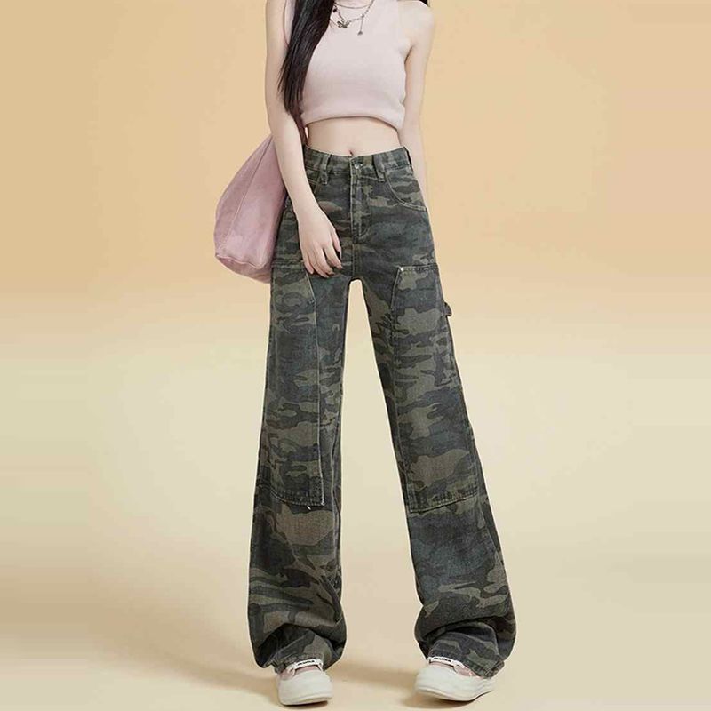 American high street camouflage wide-leg work jeans for women in spring and autumn new loose slim floor jeans trendy