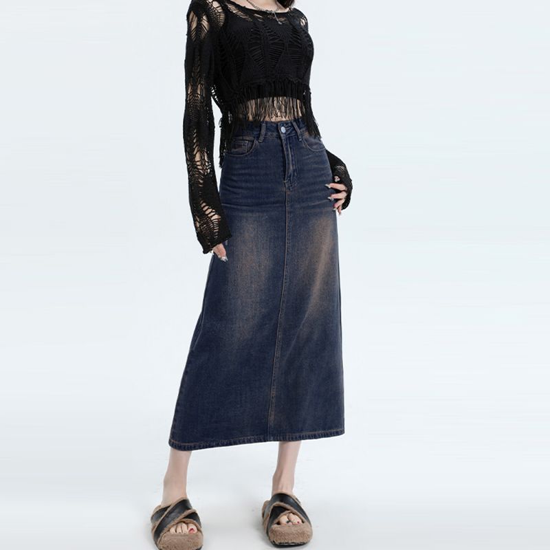 American retro high waist A-line denim skirt for women in spring and summer new slim water-washed hip-wrapped denim skirt