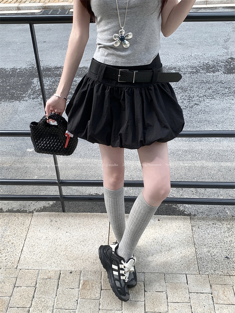 實拍 ~甜妹白色花苞蓬蓬裙女新款高腰顯瘦a字辣妹防走光短裙