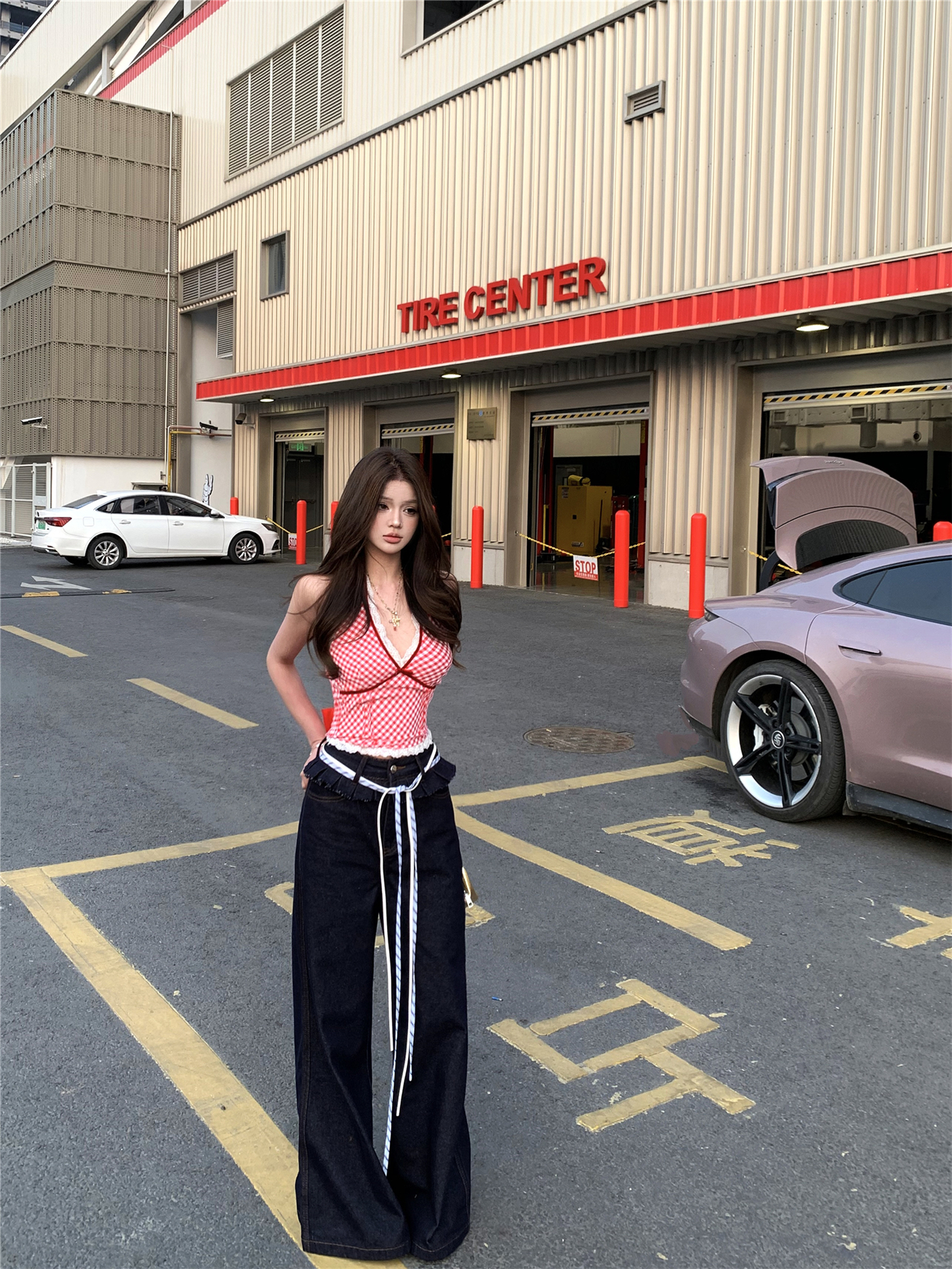 Real shot!  Dark blue jeans women's design sense of washing straight loose wide-leg floor-moving casual trousers