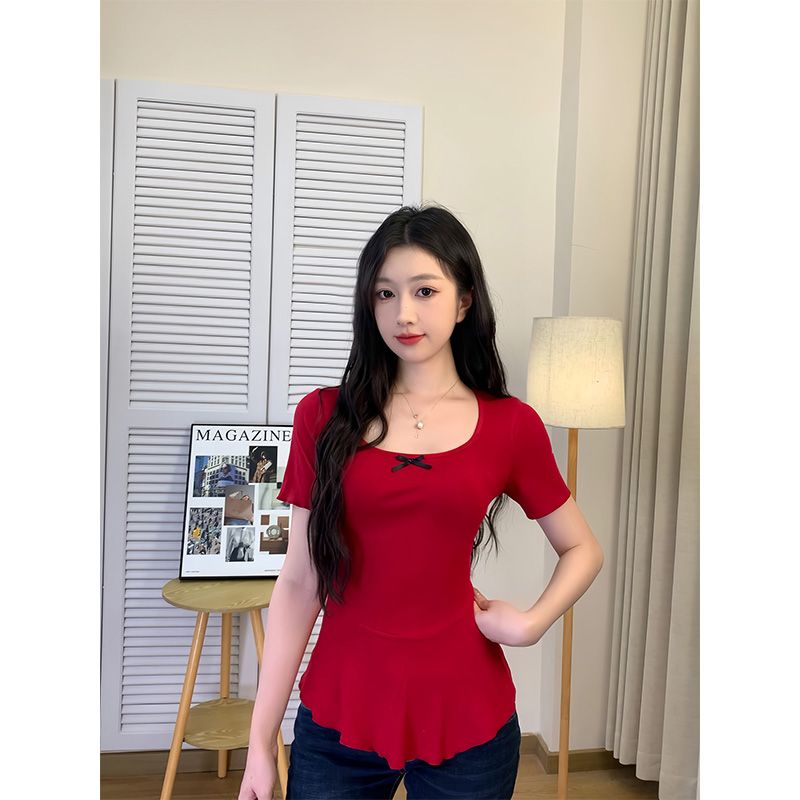 Official picture 260g modal thread U-neck French bow T-shirt for women short-sleeved summer waist-hugging small fragrance style