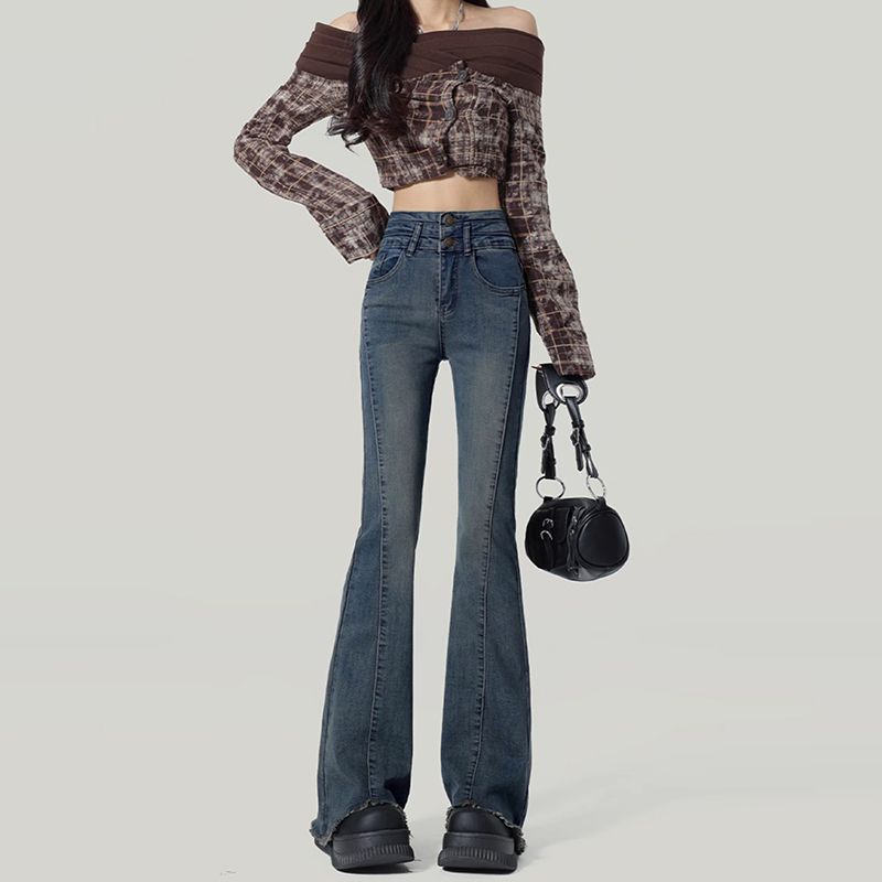 Simple double button micro-flare jeans for women in spring and autumn new high-waisted slim slim lace jeans