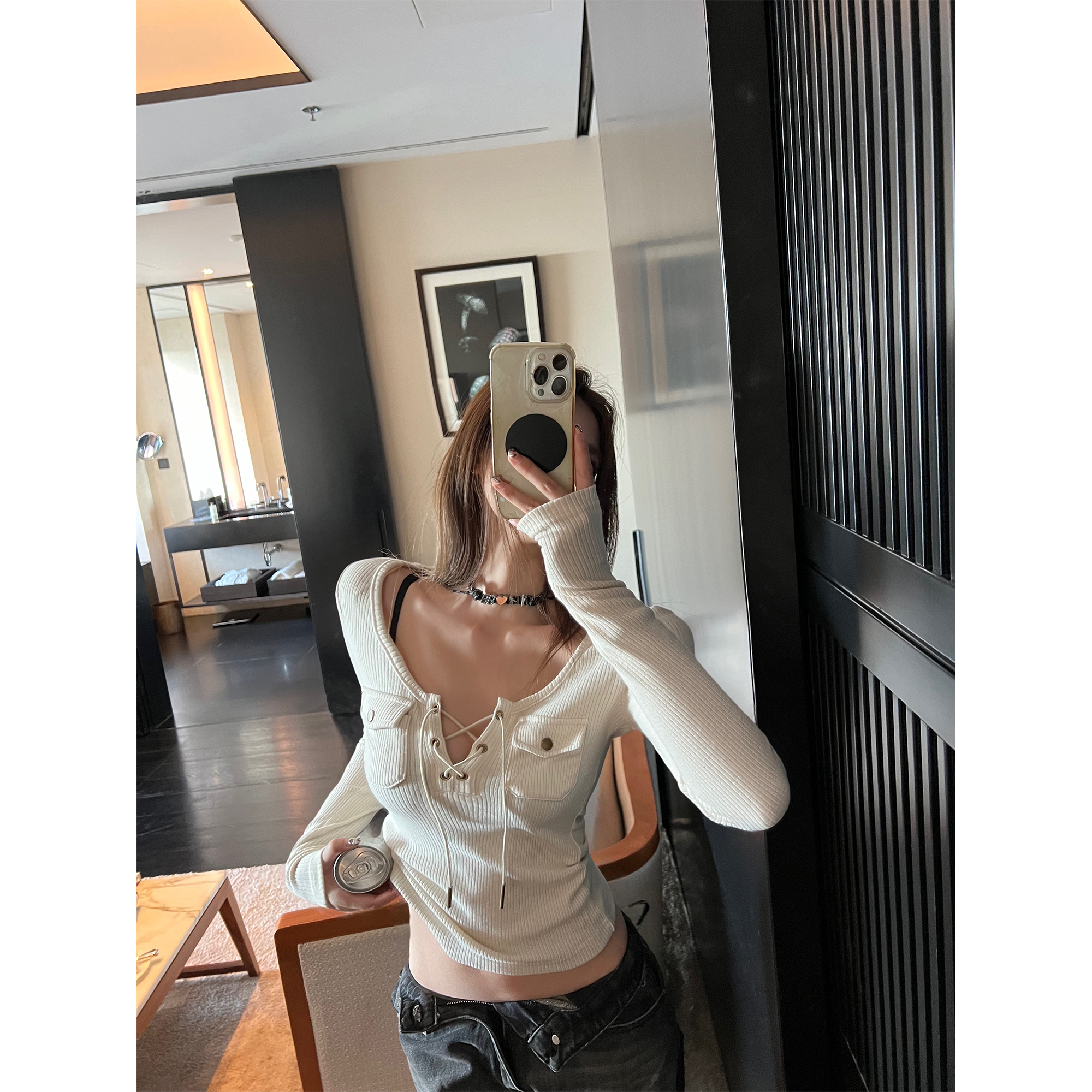 Korean cotton hot girl style cross hollow V-neck sweater for women in spring, soft and slim and inner bottoming shirt