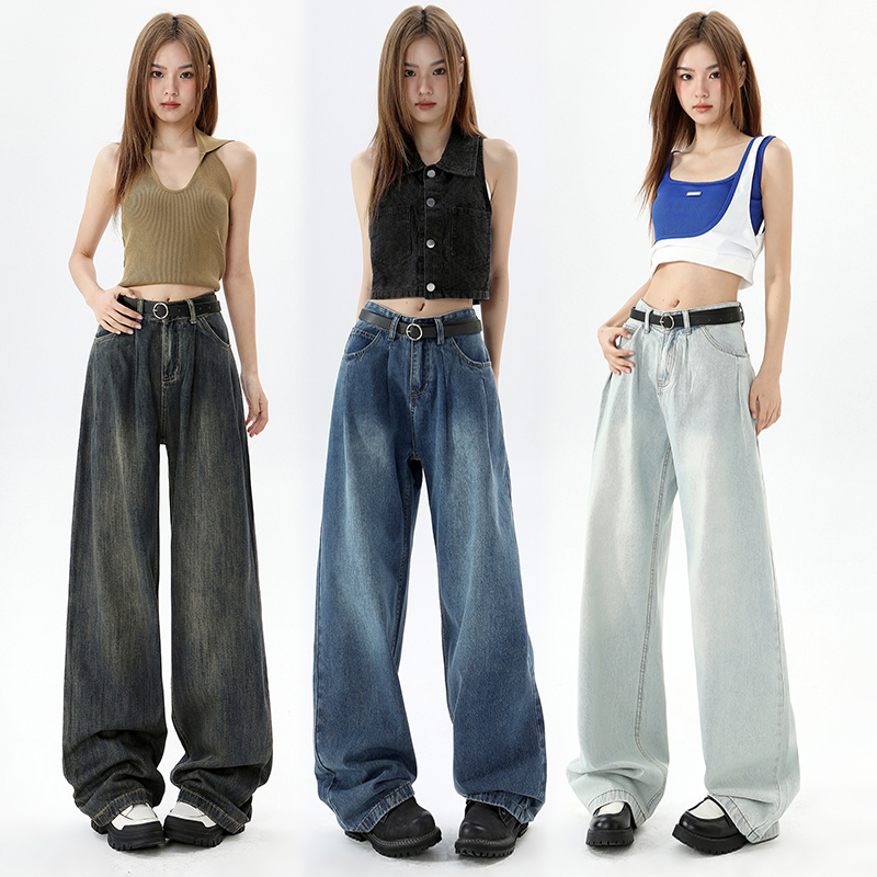 White light blue cement blue denim wide-leg pants for women with high waist loose slimming pleated design straight-leg mopping pants