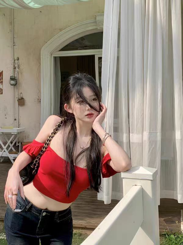 260克隨心裁性感辣妹短款小飛袖T恤女夏季新款修身酒紅色露臍上衣