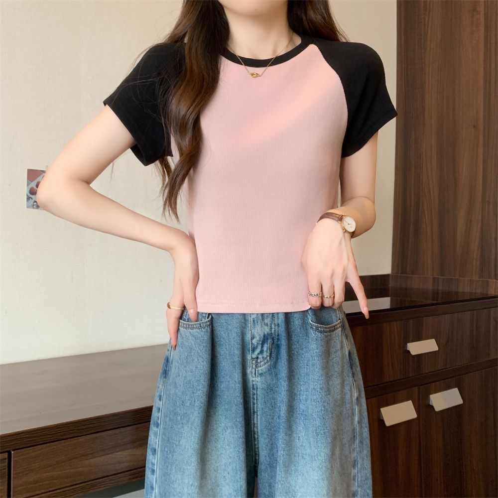 Real photo 40 pure cotton 210g 92 cotton/8 spandex front shoulder short-sleeved T-shirt for women contrasting colors