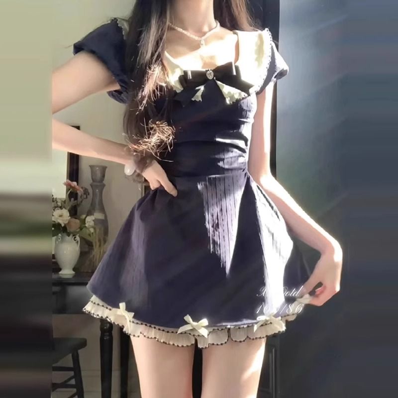 法式學院風粉色連衣裙子女夏季2025春新款小個子收腰a字蓬蓬短裙