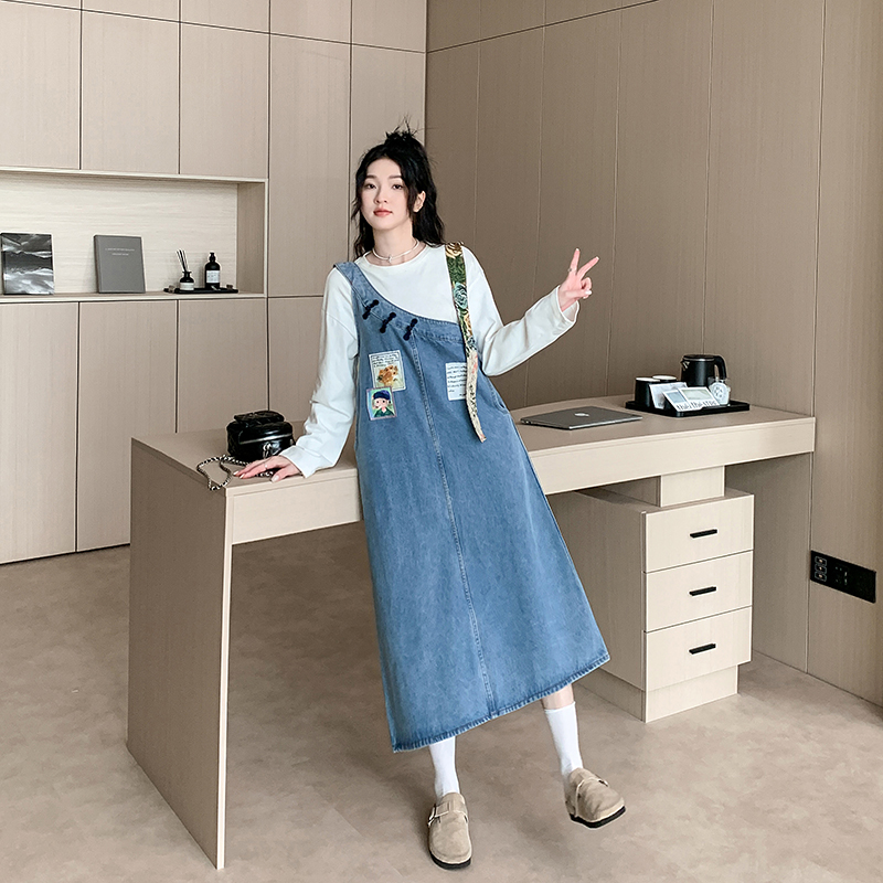 Real shot~Artistic retro denim strap skirt spring and summer niche design feeling of flesh covering and slimming A-line dress