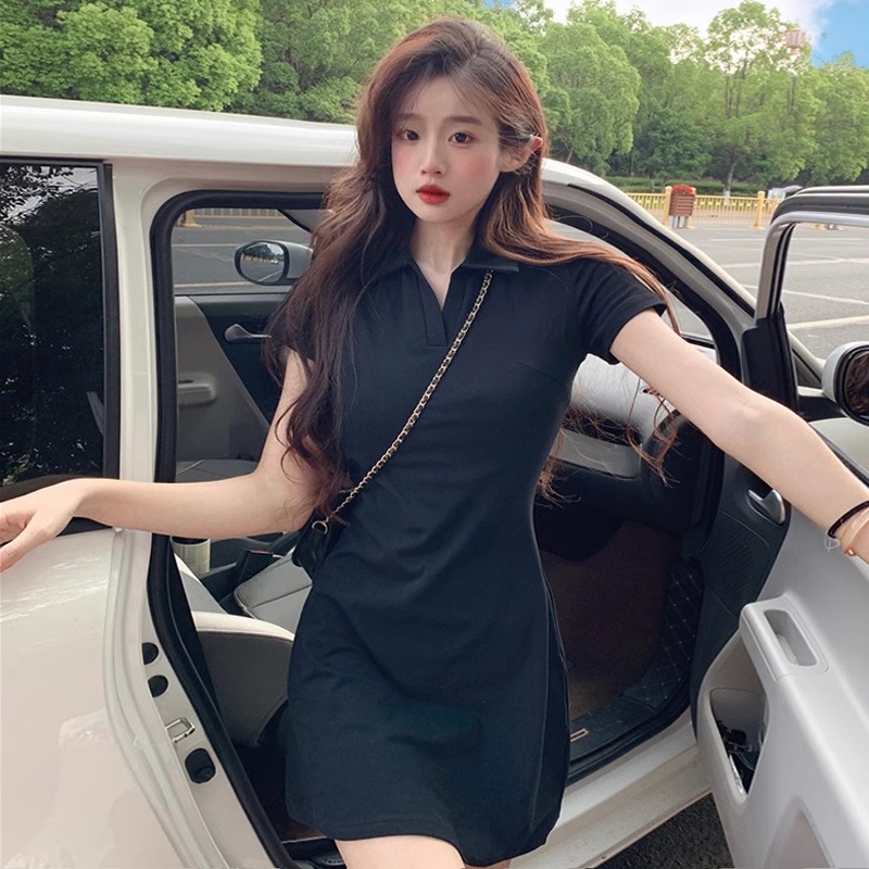 Official picture 92 cotton/8 spandex 40 210g pure cotton polo collar dress V-neck waist