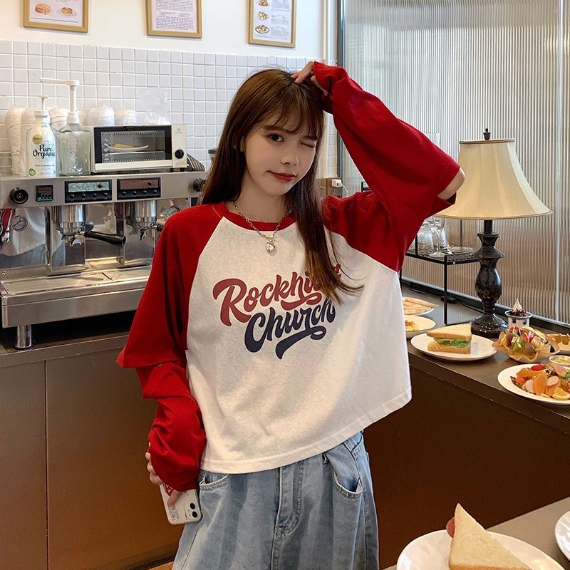 Korean version of Harajuku style simple T-shirt for women with back-edged pure cotton long-sleeved ripped loose printed contrasting top