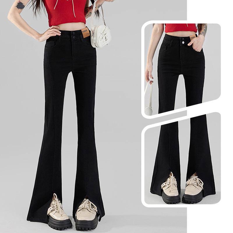 Black slit bell-bottom pants for women 2025 spring and summer new high-waist stretchy jeans