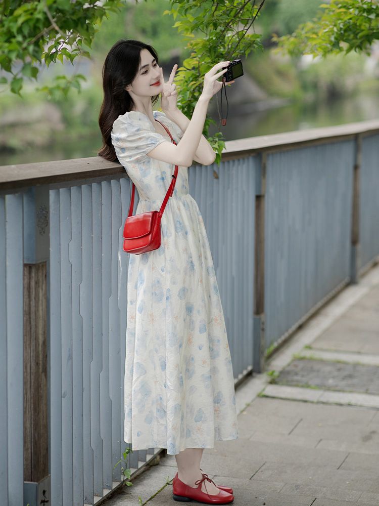 Coffee break French retro gentle style sweet high-end temperament floral dress 2025 summer new style