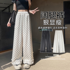 Real shot of satin polka dot wood earrings wide-leg pants for women 2025 spring and summer small high waist drooping casual straight pants