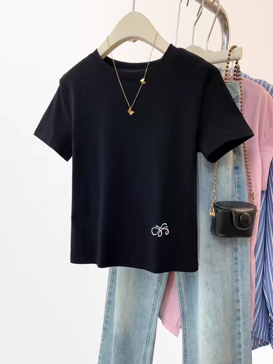 Printed front shoulder short-sleeved T-shirt for women in summer new niche American pure cotton slim T-shirt top