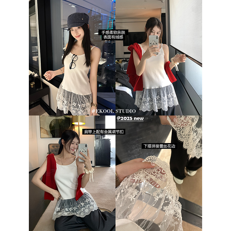 Korean cotton hem lace splicing suspender vest for women in summer new slim fit slim inner sleeveless top
