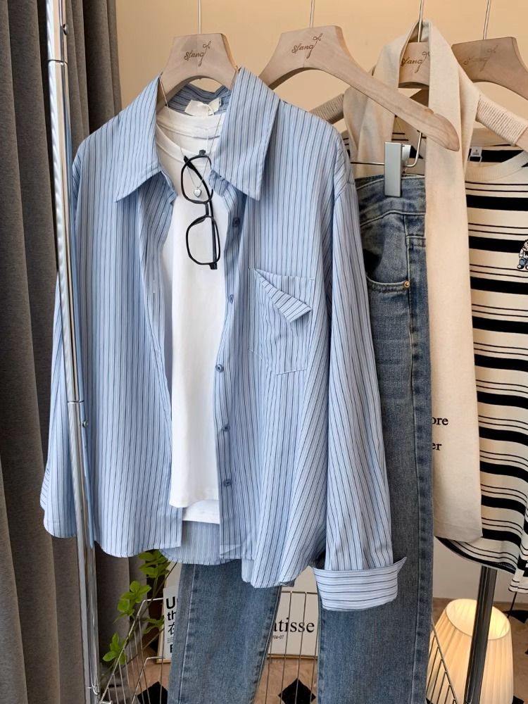 Korean striped POLO collar long-sleeved shirt women's 2025 autumn new casual temperament high-end loose top