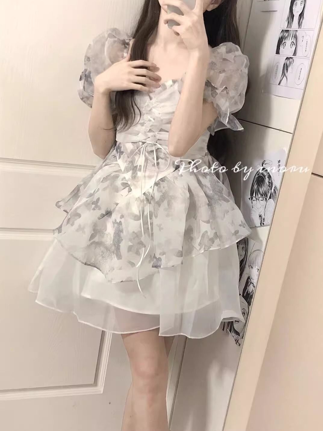 夏季法式茶歇氣質收腰碎花連衣裙泡泡袖在逃公主蓬蓬短裙女小個子