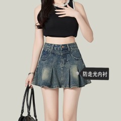 Korean version of simple pleated denim skirt for women in spring and summer new high-waisted slim and tall A-line denim skirt short skirt