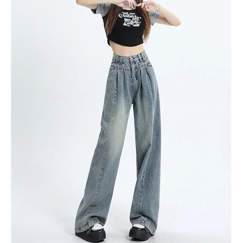 Retro straight loose jeans for women in early autumn new style design spliced ​​high waist slimming wide-leg floor pants