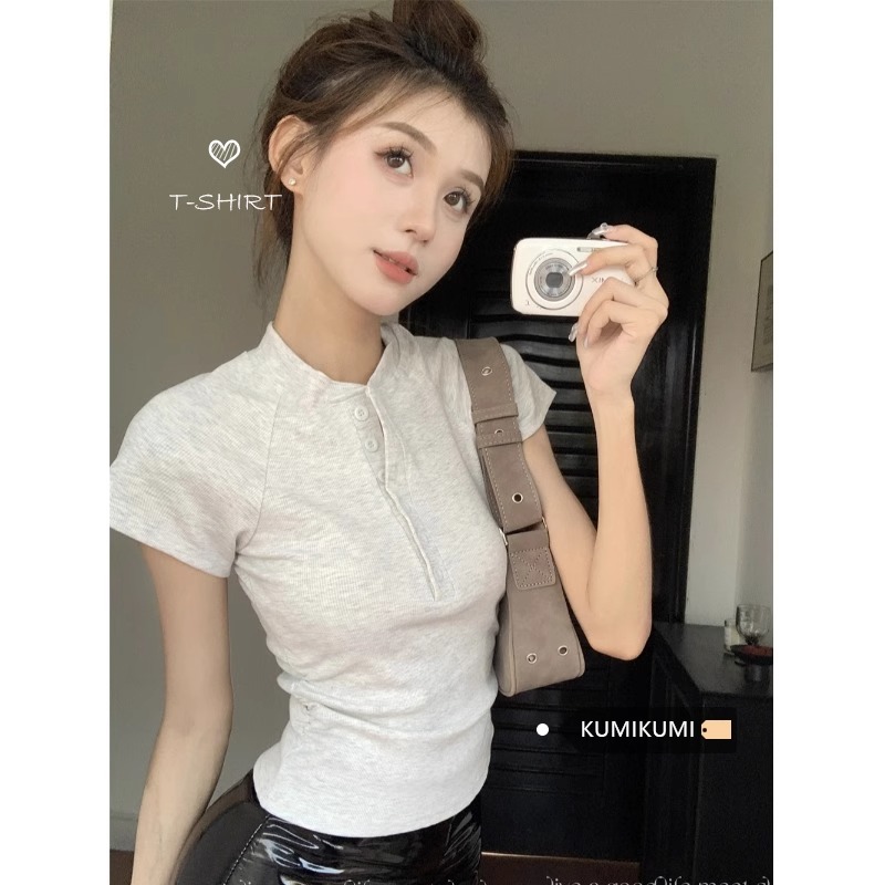 Official photo 92 cotton/8 spandex 40 210g pure cotton short-sleeved T-shirt button versatile top