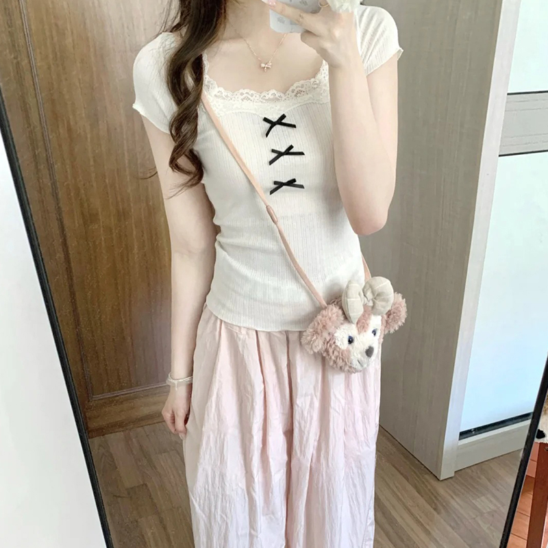 Ballet style lace spliced ​​short-sleeved T-shirt for women in summer bm small sweet hot girl bow spring and autumn top