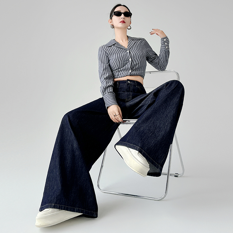 Women's spring and autumn dark blue loose and slim high waist drooping floor trousers long trousers